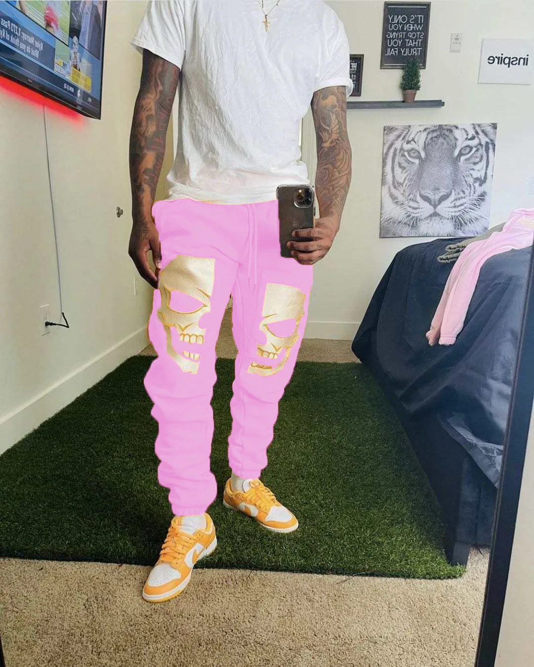 Custom LOGO Mens Fleece Autumn Winter Straight Skull Print Trousers Loose Stacked Sweatpants for men