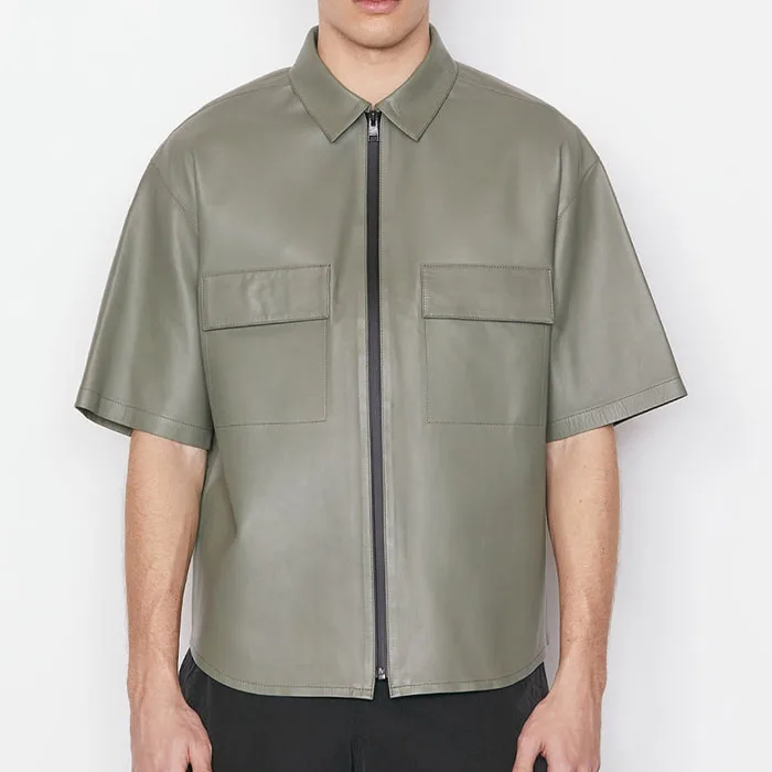 OEM short sleeve drop shoulder double chest pockets zip up plain faux leather shirt hip hop men cowboys plus size workout shirts