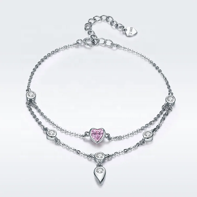 Amazon Pink cubic zirconia Love Heart shape Femme 925 Sterling Silver love bracelet
