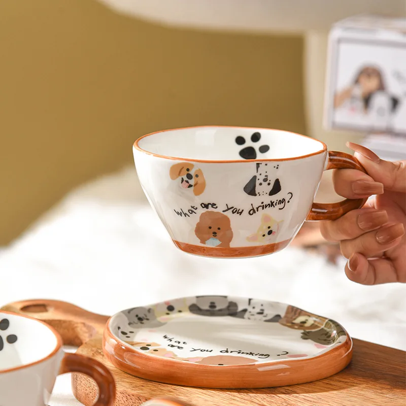Lelyi ins style home caramel puppy coffee mug creative high-value hand-painted cartoon ceramic cup saucer