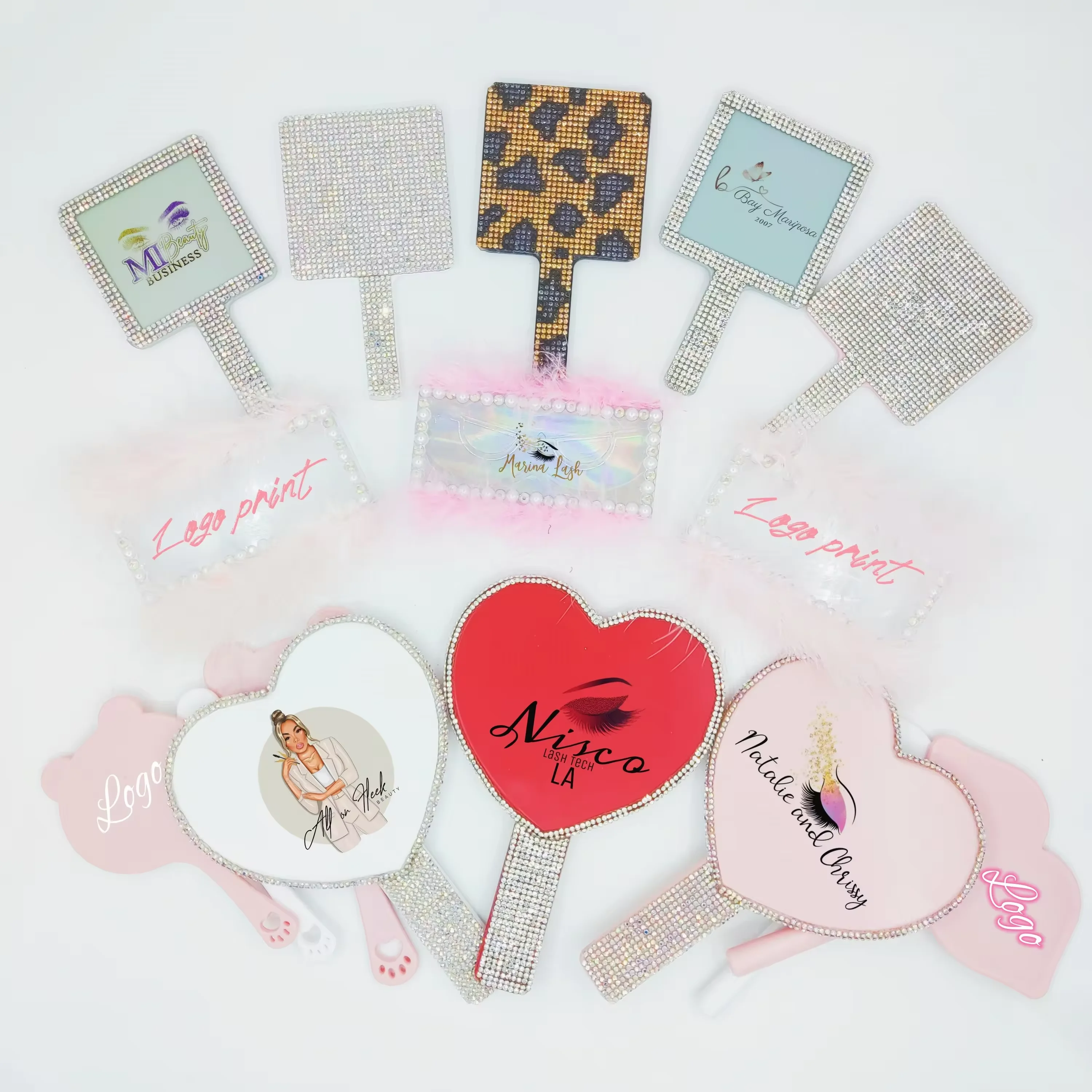 Shiny Diamond rhinestones decoration Bling Hand Held Mini Small Round Pocket Makeup Hand-Held Cosmetic Mirror With Handle