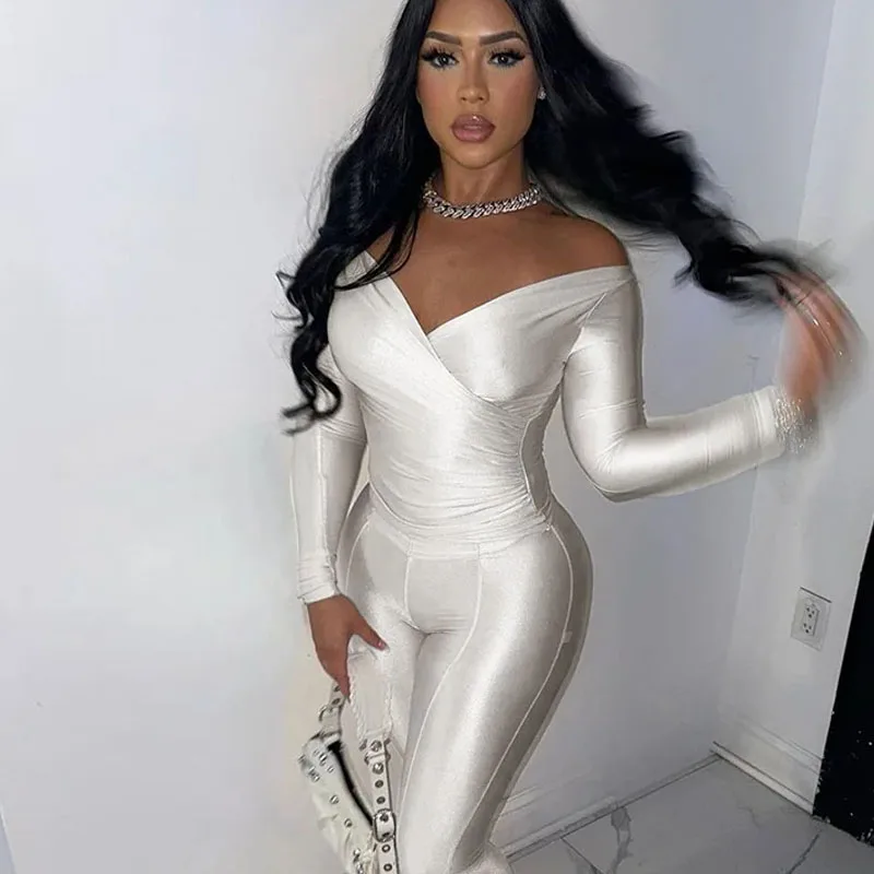 Elegant Women Tracksuit 2 Piece Set Skinny Cross Slash Neck Crop Tops+Leggings Stretch Matching Streetwear Outfits