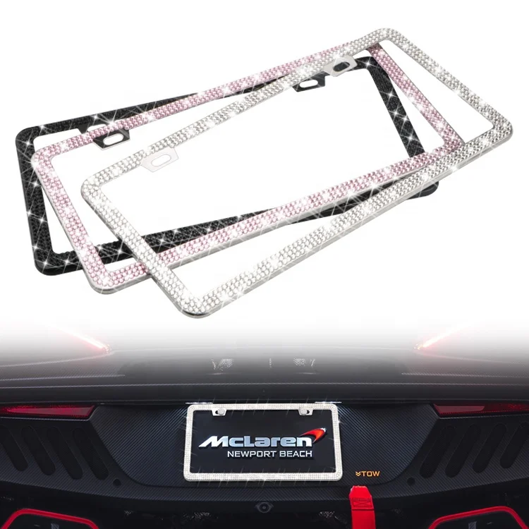 Crystal Bling Rhinestone Stainless Steel License Plate Frame for USA America Standard Diamond Holder 12.4inch 6.3inch