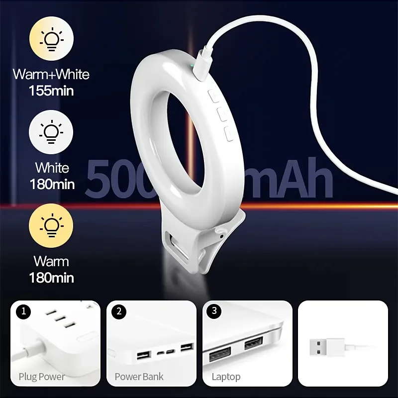 Portable USB Rechargeable 60 LED Selfie Ring Light Clip on cell Phone Laptop Tablet 3 Light Modes Zoom Meeting