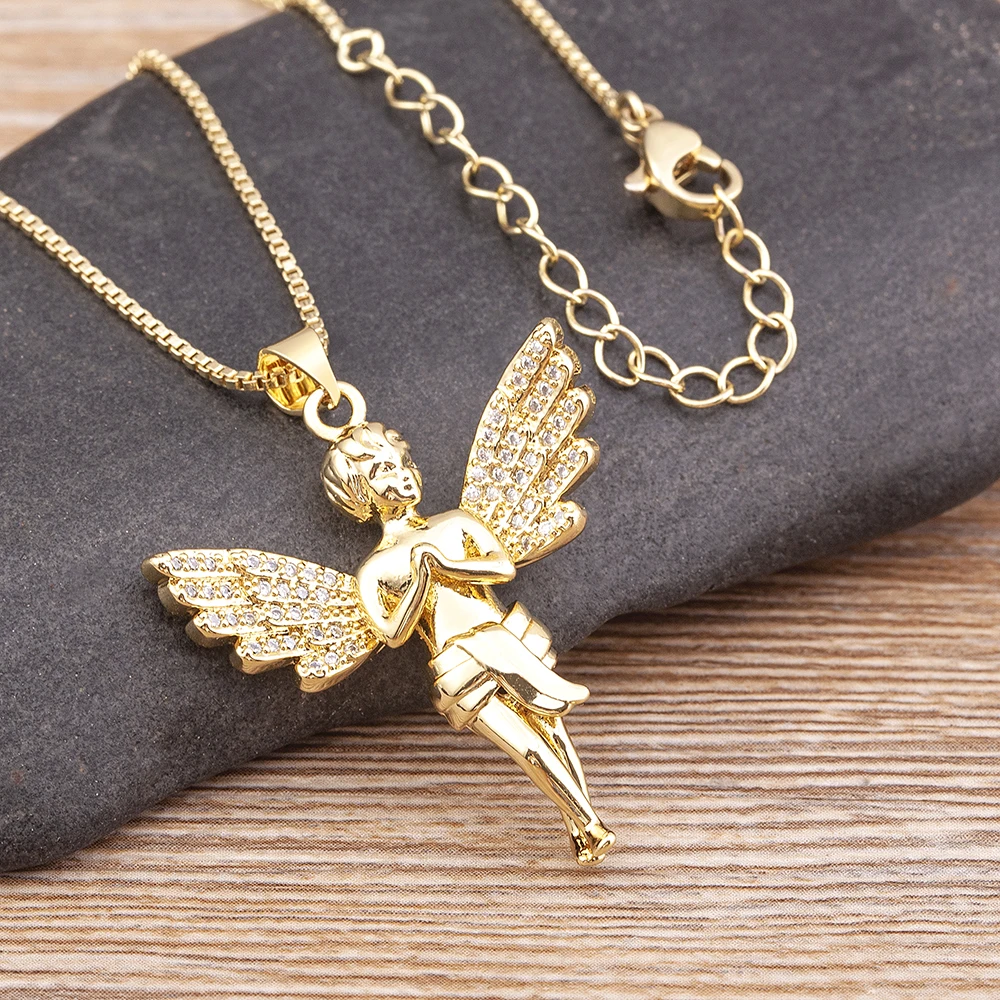 QIKU Romantic Angel Shape Gold Color Pendant Women Necklace Copper Zircon Religious Pray Jewelry Accessories Anniversary Gift