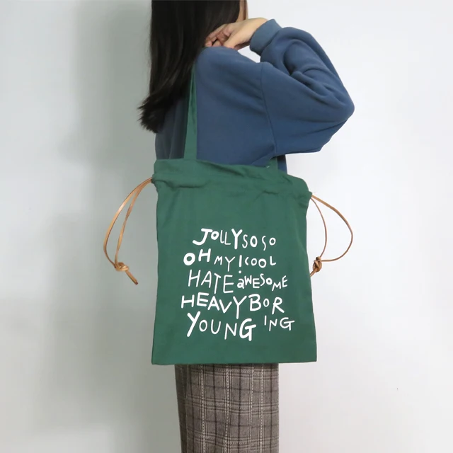 Custom Shopping Carry Grocery Shoulder Canvas Recycled Drawstring Korean Tote Bag