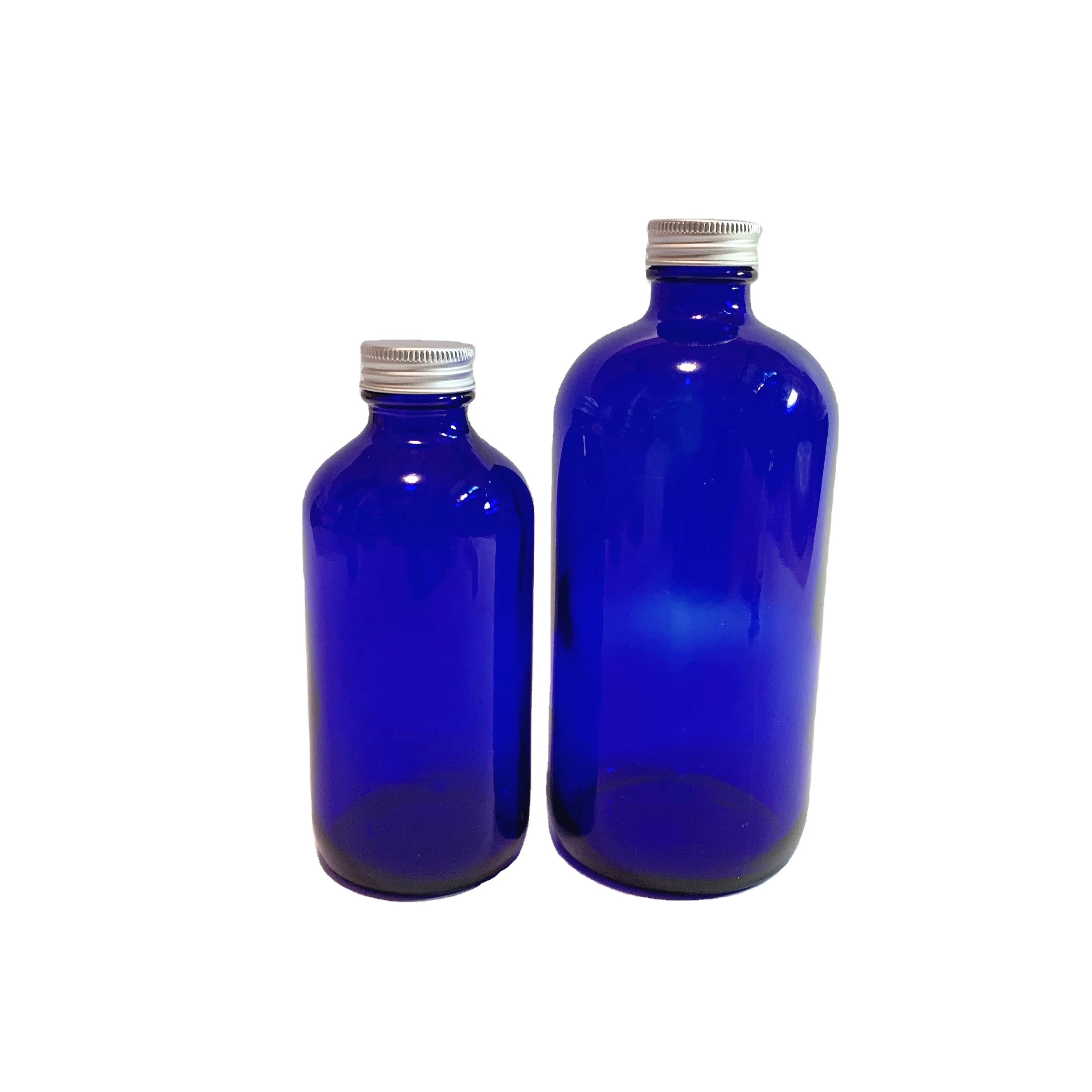 16oz 500ml cobalt blue boston round glass beverage bottle with aluminum metal lid