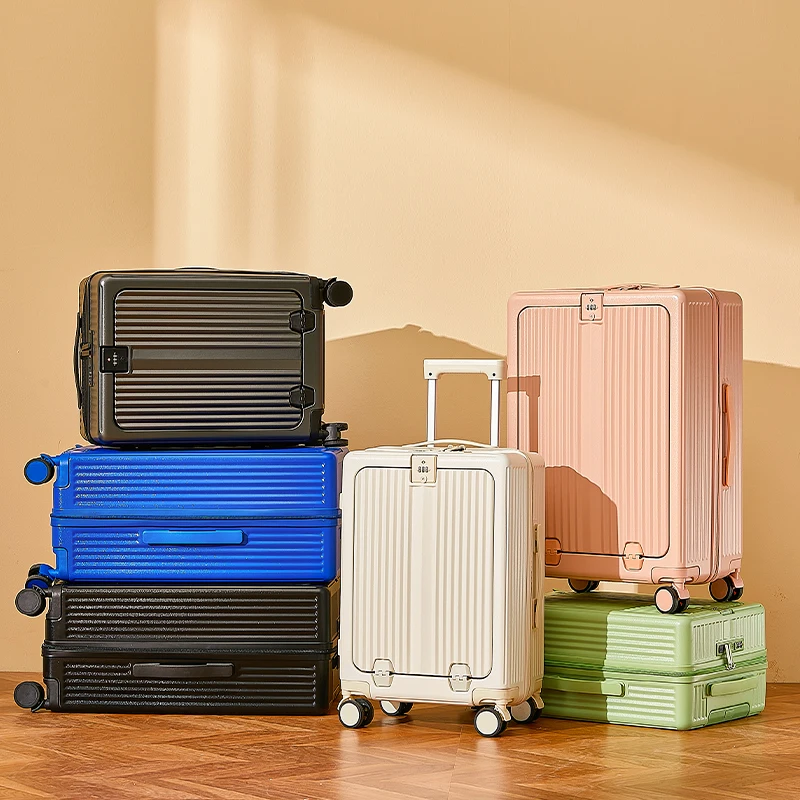 2023 Wholesale Spinner travel luggage front laptop pocket cup holder USB charging TSA lock smart multifunctional suitcase