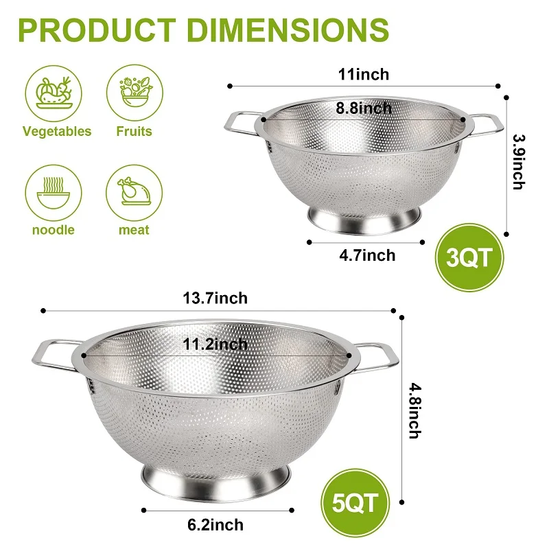 Drainer Cooking Sifter Strainer Metal Colander with Handle Vegetable Kitchen Food Strainer Basket Stainless Steel Colander Pot