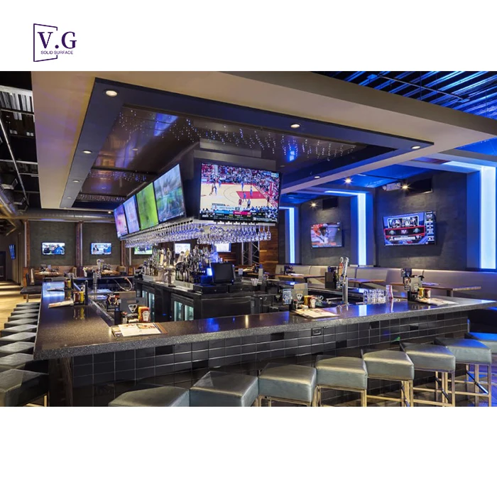 Custom Square Shape Solid Surface Stone Golf Club Restaurant Bar Stainless Steel Brick Bar Counter