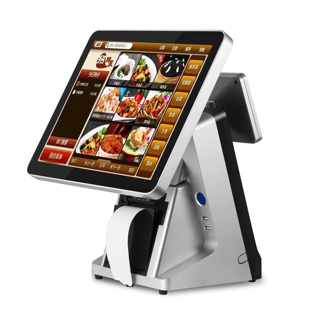 15inch dual screen pos touch display aluminum case with printer cash register point of sale systems for small business solution