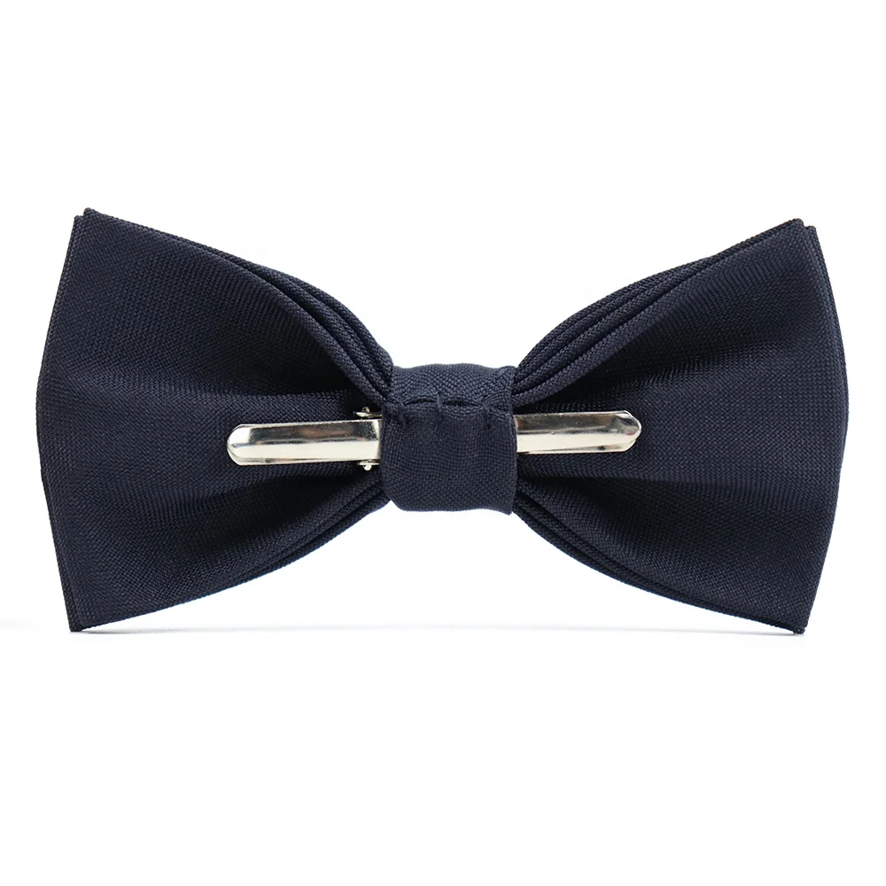 Wholesale Easy-Wear Polyester Woven Jacquard Security Clip On Bow Tie Cheap Navy Blue Plain Custom Bow Ties