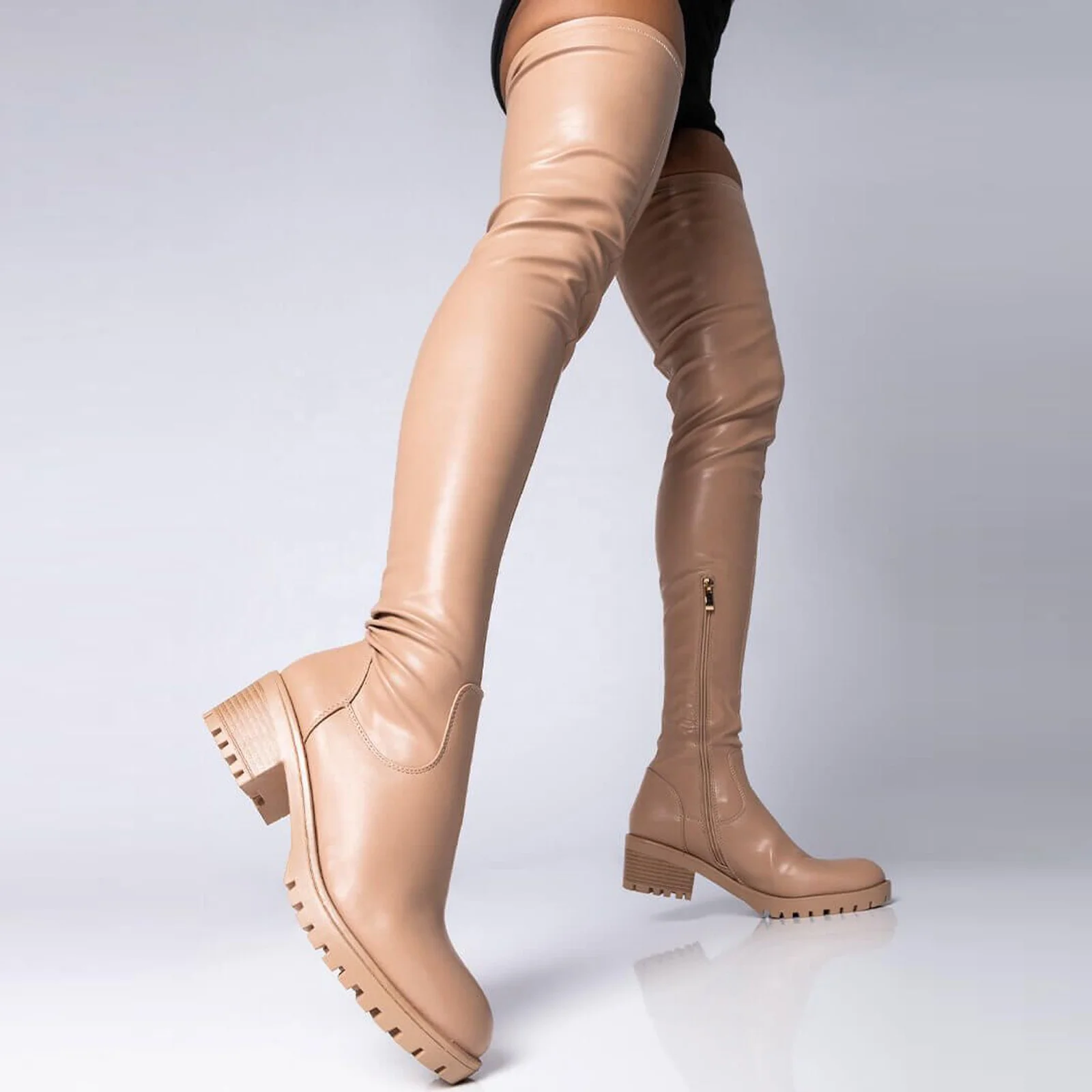 Round Toe Flat Heel Nude Boots Long Over Knee High Women Boots 2021 Winter New Customized Design Size 43