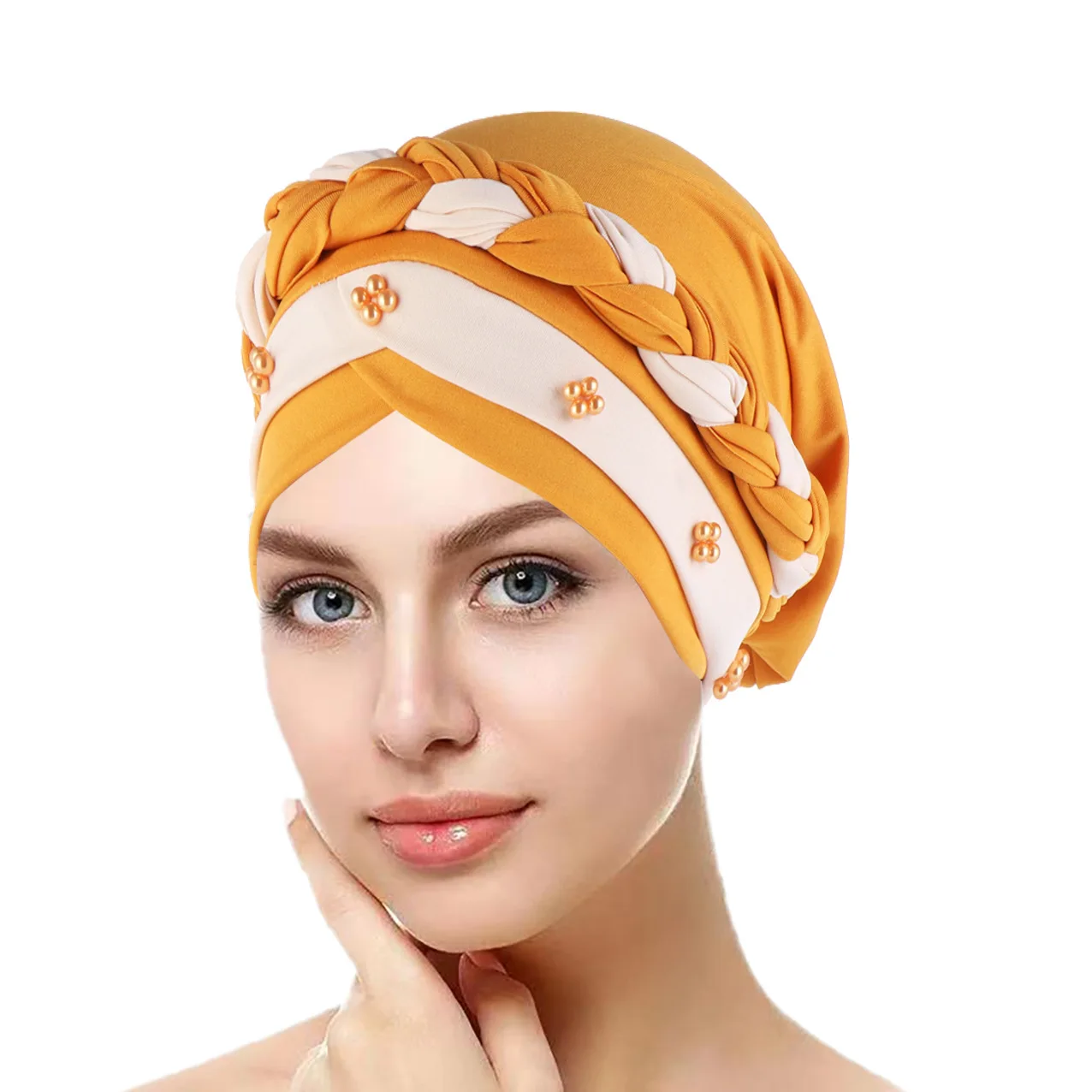 Muslim European and American Hair Hide Women Turban Solid Color Hat India in Stock Ladies Braid Contrast Color Cap