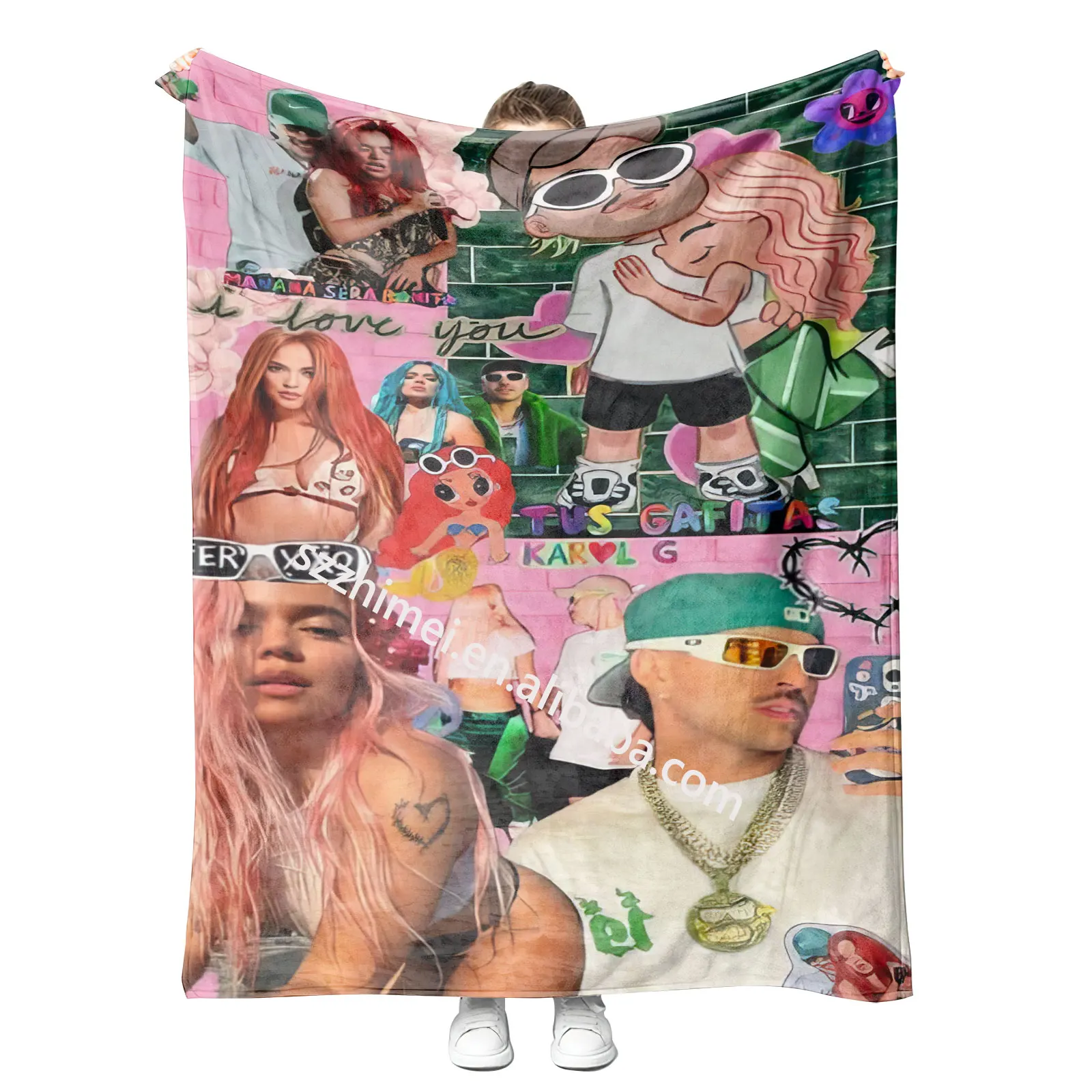 Newest wholesale Custom karol g feid ferxxo i love you design Painting polyester travel fleece blanket