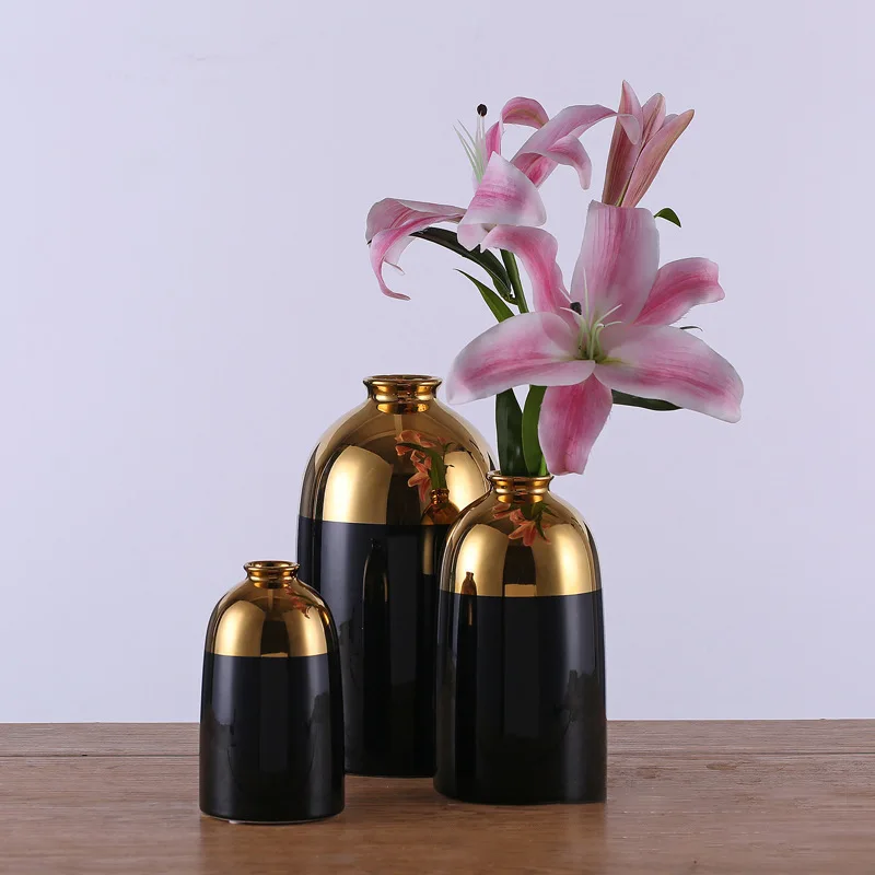 creative black gold Plating ceramic vase light luxury Modern Flower Arrangement vases for desktop home decor accessories