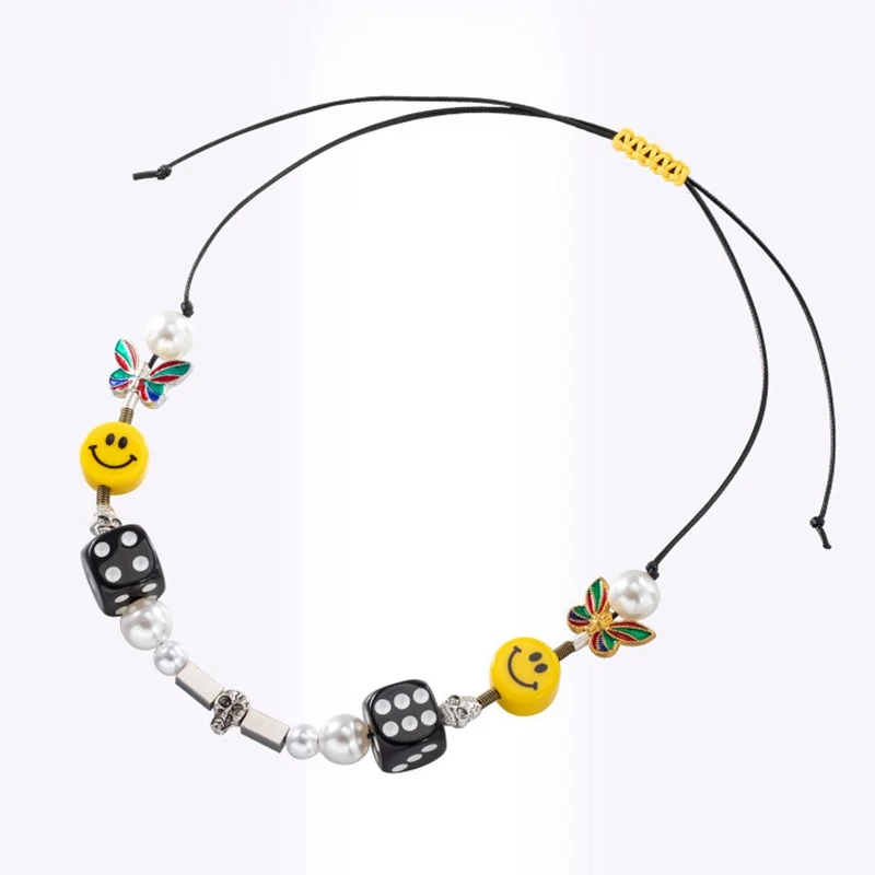 
DIY Smiley Necklace Pearl Butterfly personality Vintage Skull Dice Beads Name hip-hop Charm Necklace 