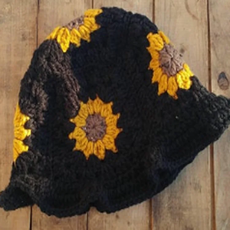 F-5768 vintage spring knitted daisy embroidery sunflower bucket hat custom crochet women boho hippy hats