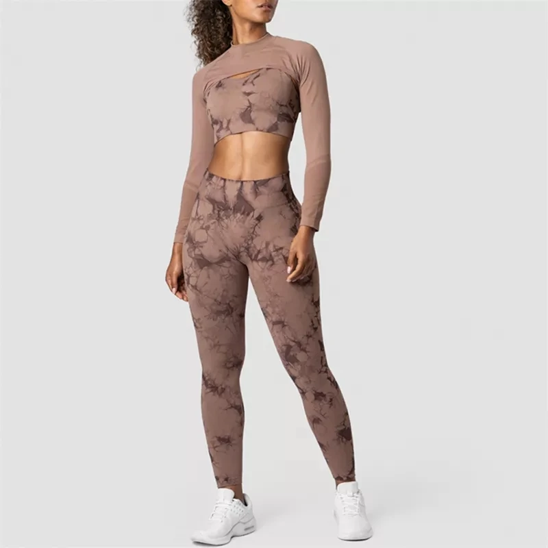 New Fall Butt Lift Brown Long Sleeve Tie Dye Women 3 Piece Sports Workout Running Yoga Legging Athletic Gym Fitness Sets