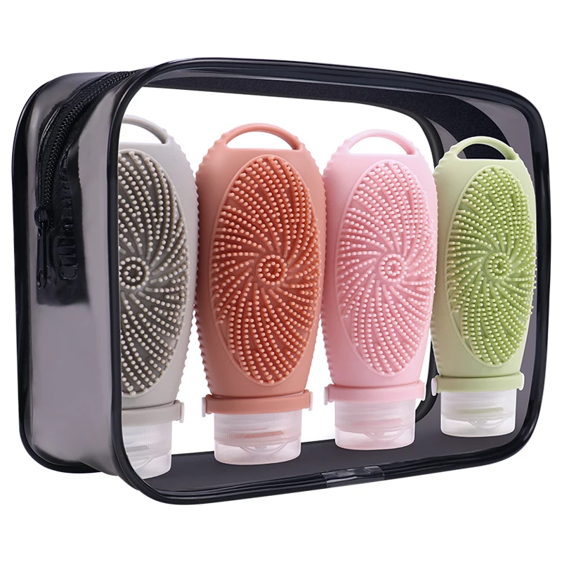 4 in 1 100ml Portable Silicone Travel Squeezable Cosmetic Toiletries Container Shampoo Tube Dispenser Kit Bottle Set for Travel