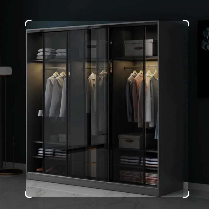 Nordic Luxury Bedroom Light Sliding Door Wardrobe Closet Shelf Storage Free Standing Wardrobe
