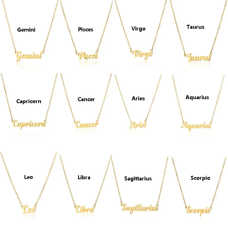 Wholesale Horoscope Name Plate Letter Pendant Necklace Custom Jewelry Stainless Steel Gold Plated 12 Zodiac Sign Necklace