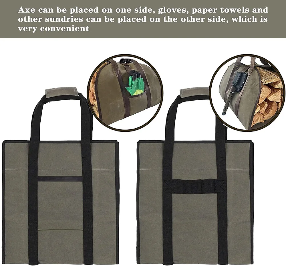 Large Log Capacity Waxed Canvas Firewood Tote Bag Heavy Duty Waterproof Firewood Carrier
