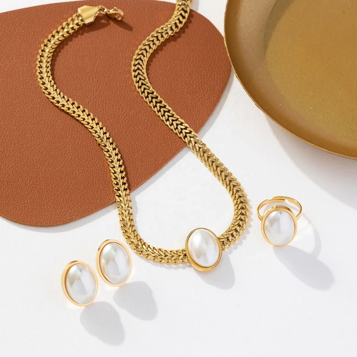 Jewelry Set Stainless Steel 18K PVD Gold Pearl Shell Emerald Zircon Heart Butterfly Pendant Necklace Ring Earrings Bracelet Set