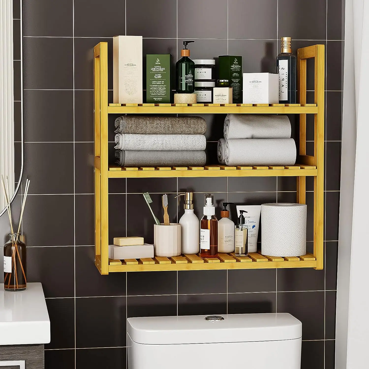 Wholesale Wall Mounting Bamboo 3-Tier Bathroom Storage Shelf Adjustable Bamboo Organizer Rack for Bathroom