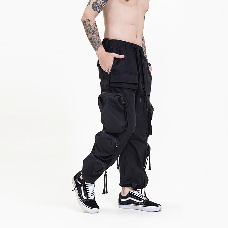 
Fashion streetwear drawstring zipper overalls six pocket wear resistant mens cargo pants 