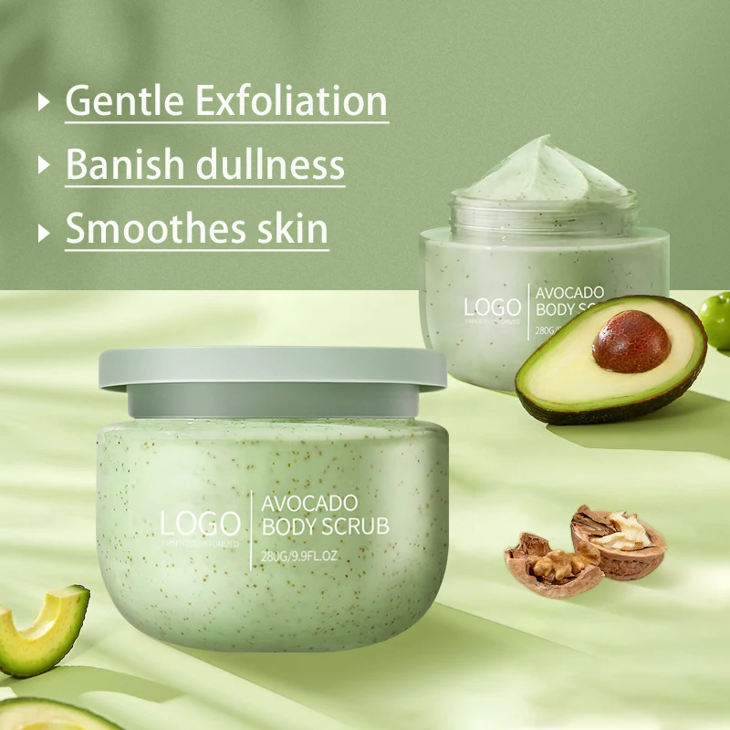 Custom own logo natural skin care 100% organic shea butter bodyscrub exfoliate wholesale ice cream fruit avocado body scrub
