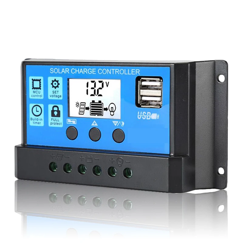 60A/50A/40A/30A/20A/10A Solar Charger Controller 12V 24V Auto PWM Controllers LCD Display 5V Dual USB Output Controller