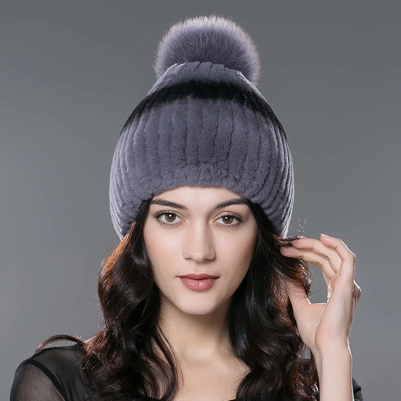 Real Rabbit Fur Hat Female Thick Warm Winter Hats For Women Fashion Luxury Knitted Beanie with Fur Pompom