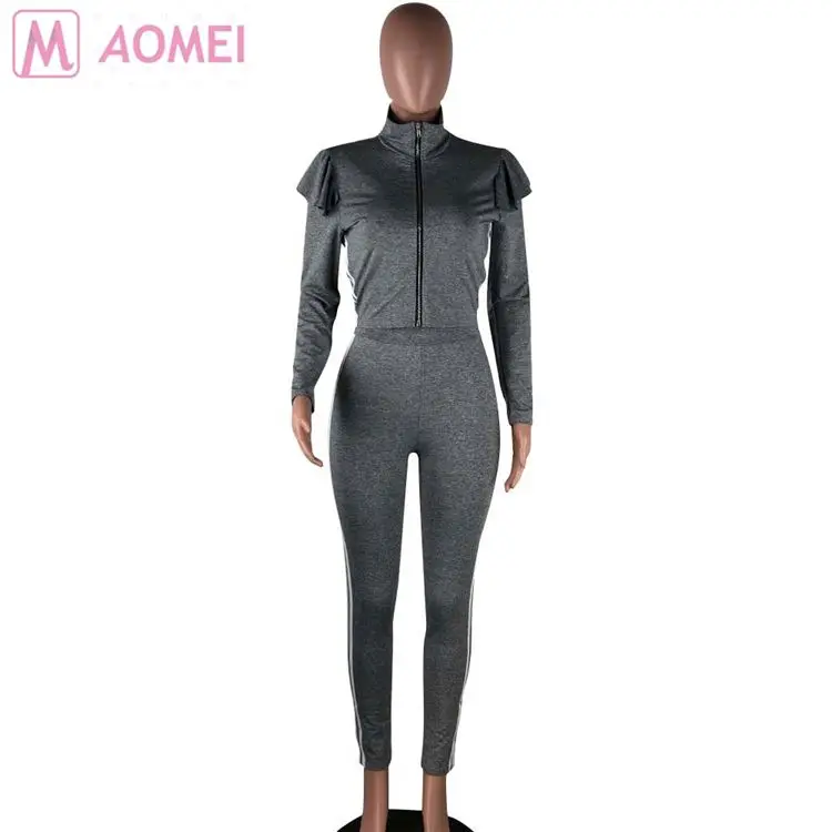 
M6023 wholesale new side stripe zipper front leisure tracksuit Pant 2 Piece Set Women Clothing 