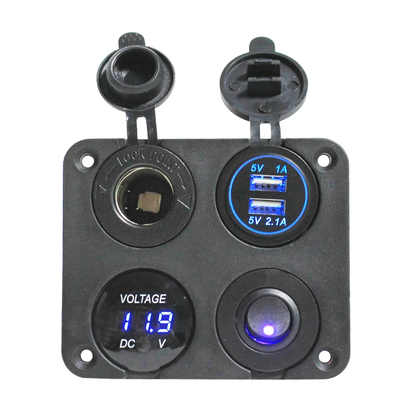 HEYRV Car Boat RV Dual USB Socket Charger 1A&2.1A + Voltmeter + 12V Power Outlet + ON-Off Toggle Switch Four Functions Panel