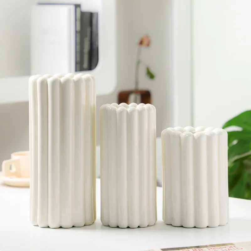 Modern Minimalist Cream White Ceramic Vase Set Luxury Rustic Home Decor Living Room Bedroom Matt Glaze Three Piece Decoration