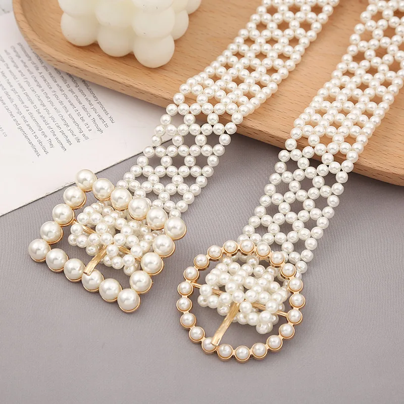 REWIN Fashion Handmade High Quality Lady Pearl Weaved Beaded Chain Waist Belt for Women Dress