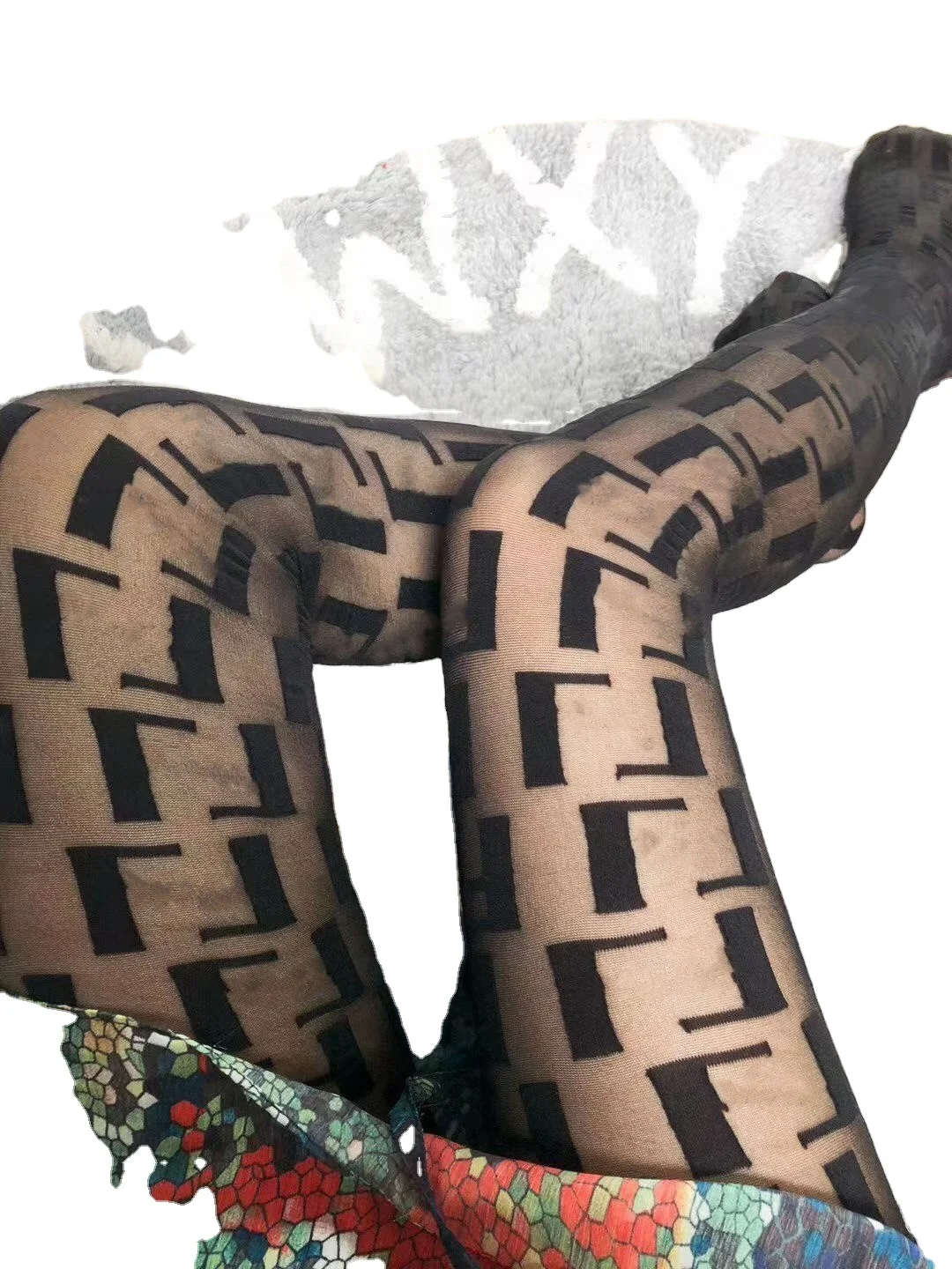 Designer Letters F  Print Ladies Tights Stocking Sexy  Mesh Breathable Black Pantyhose for Women