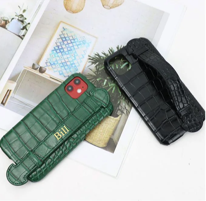 Fashion small order wholesale vegan PU leather handle carry custom cell phone case for iPhone
