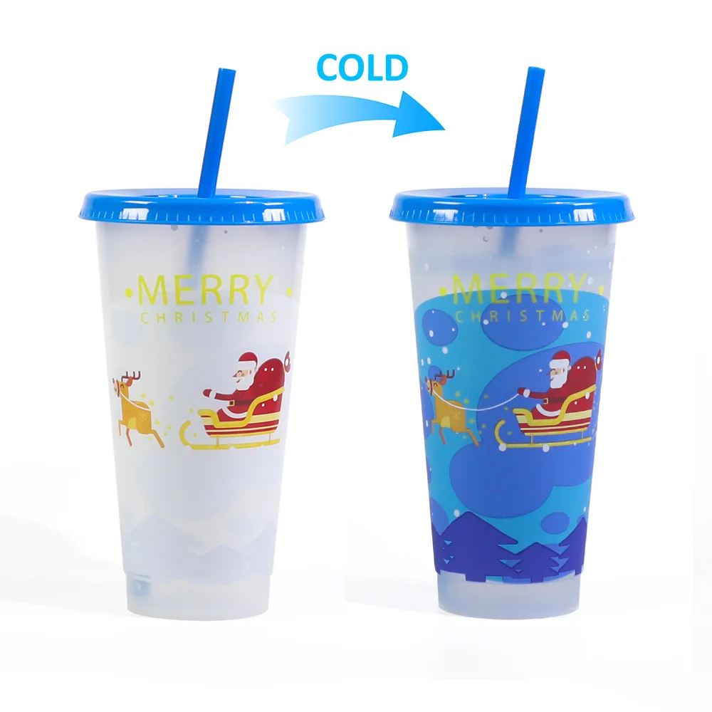 Christmas changing color cup pp coffee plastic changing color Christmas cup single thermochromic straw changing color cup