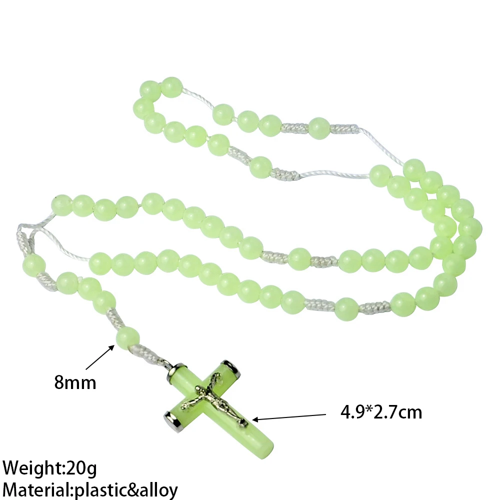 Hot Selling Wholesale 8MM Luminous Bead Rosary Cross Necklace Cross Pendant Prayer Plastic Luminous Rosary Necklace