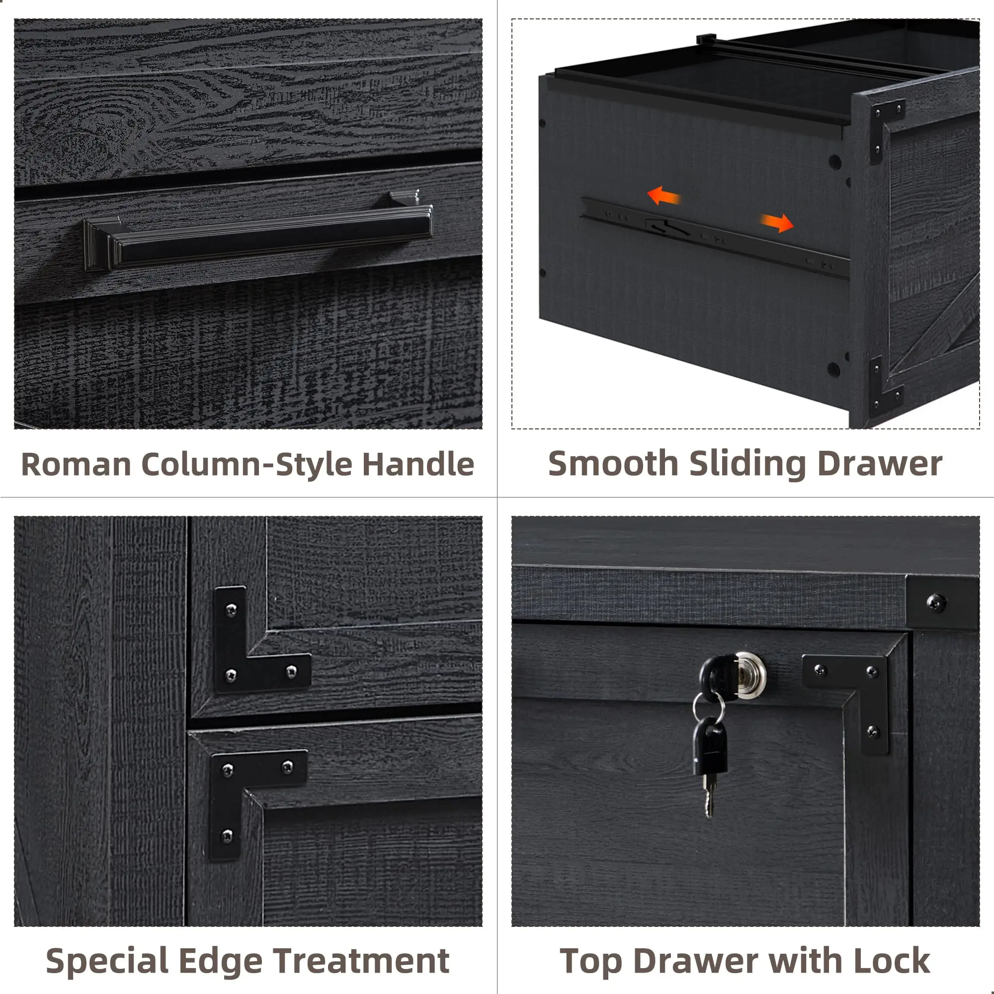 Black Compatible Legal Letter A4 F4 Size 2 Drawer Farmhouse File Cabinet Lateral Filing Cabinet with Lock for Home Office