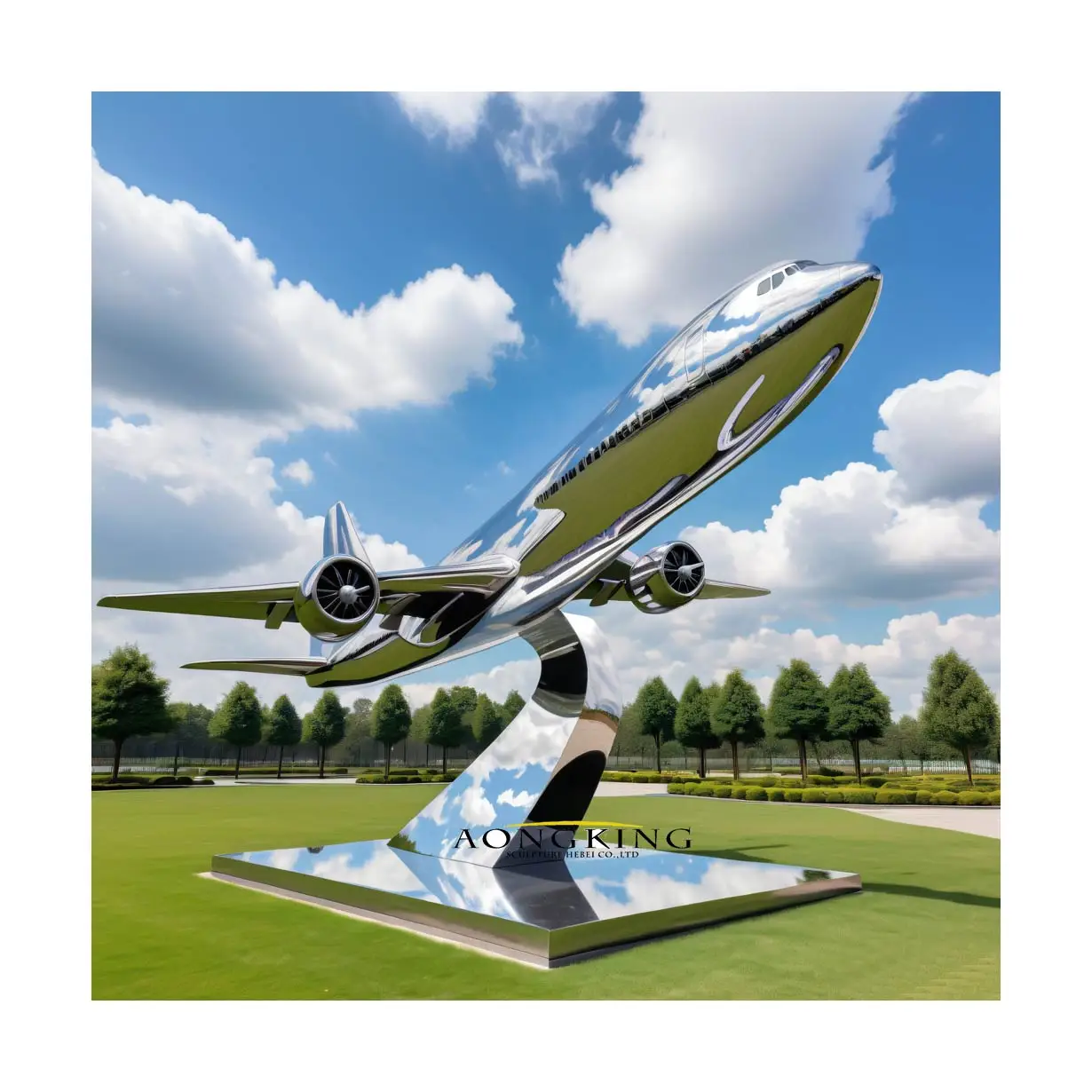 Outdoor decor large stainless steel sculpture metal landing airplane statue for sale
