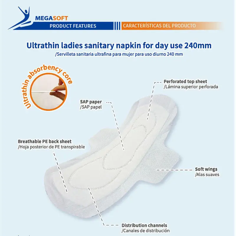MEGASOFT Ultrathin hygiene products women pads feminine sanitary napkin for day ues 240mm