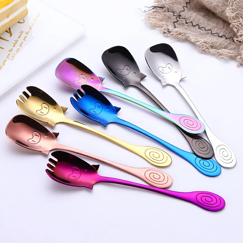 Colorful 304 Stainless Steel Pig Cartoon Spoon Fork Mini Dessert Fruit Salad Tea Coffee Ice