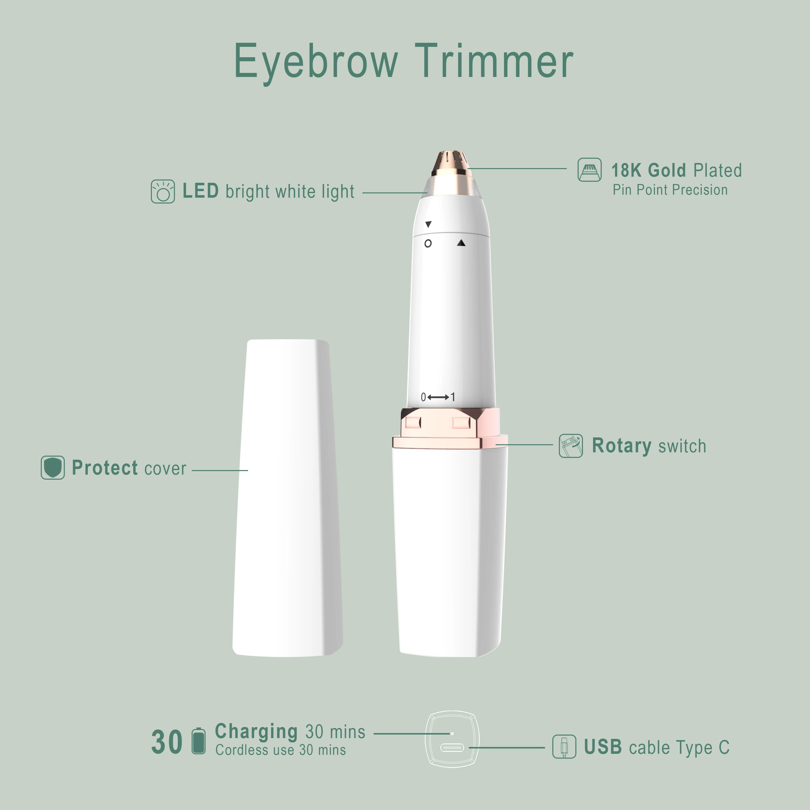 Multifunctional rechargeable battery-operated electric eyebrow razor for face, lips and nose