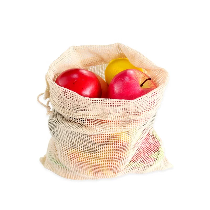 Wholesale Natural Reusable Biodegradable Storage Pouch for Fruit Vegetable Toy Shopping Cotton Mesh Bag