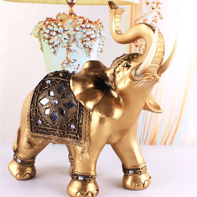 mini Golden Resin Elephant Statue Feng Shui Elegant Elephant Trunk Sculpture Figurine Crafts Ornaments For Home Decor