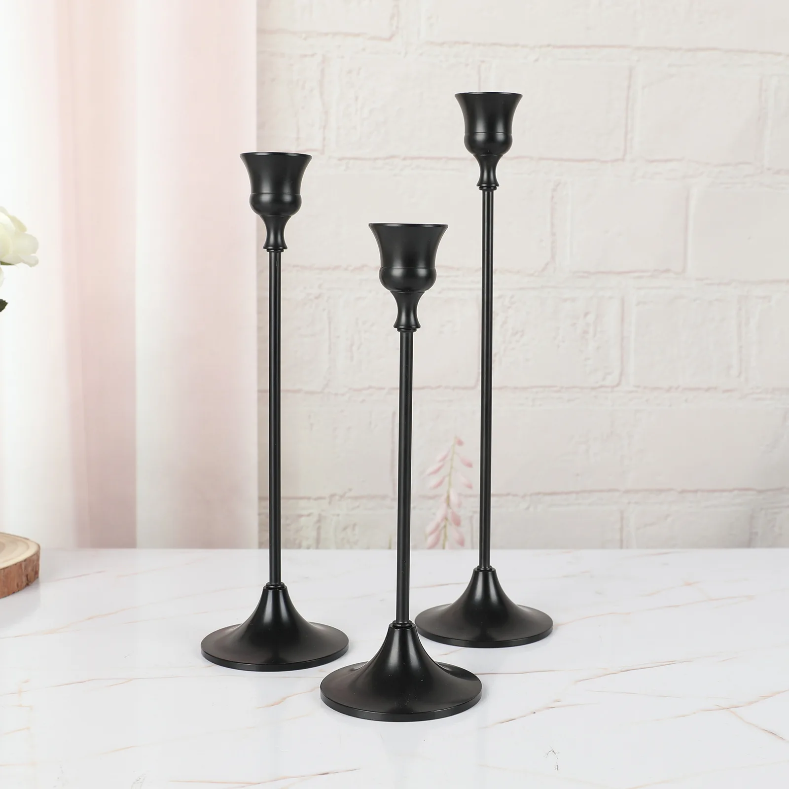 Romantic Candlestick Holder Matte Black Candle Holder Set of 3 Decorative Tulip Candle Holder for Taper Candle
