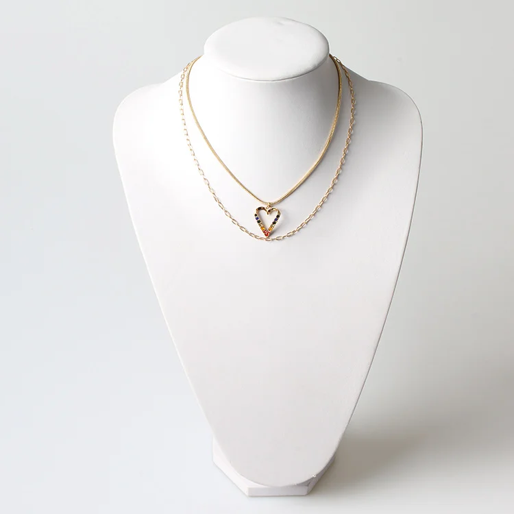V&R Jewelry Juveloj Double Row Necklace Hear Pave Oval 18k Gold Plated Snake Chain Long Necklaces